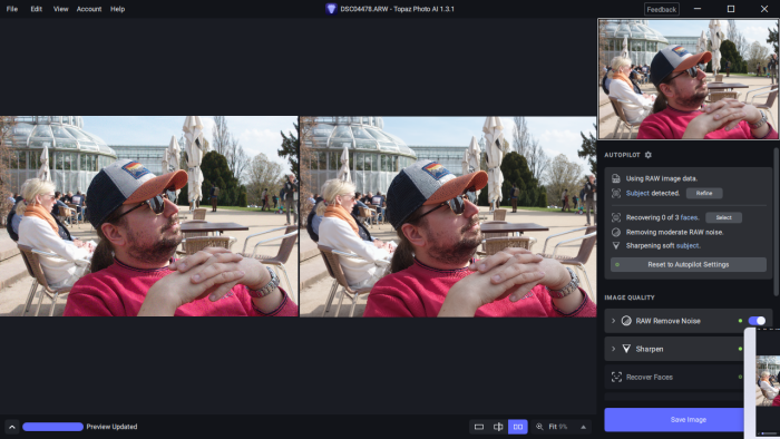 Topaz Photo AI zeigt standardmäßig einen Vergleich zwischen dem Original und dem bearbeiteten Bild an. (Screenshot: Tobias Költzsch/Golem.de)